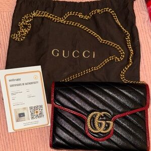 Gucci Black and Red Leather Quilted Crossbody with Gold Chain